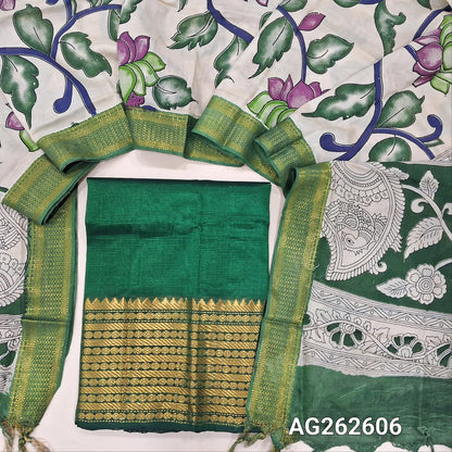 Bottle Green pure mangalgiri silk unstitched salwar material, rich gold zari woven borders (Lining Needed) NO BOTTOM, pen kalamkari chennuri silk dupatta with nizam borders. INCONSITENCY IN DYES AND STAINS ARE NOT DEFECTS.. AG262606