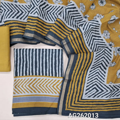 Black base soft silk cotton unstitched salwar material, vertical printed all over,(lining needed)yellow cotton bottom,digital printed silk cotton dupatta with tissue borders. AG262013