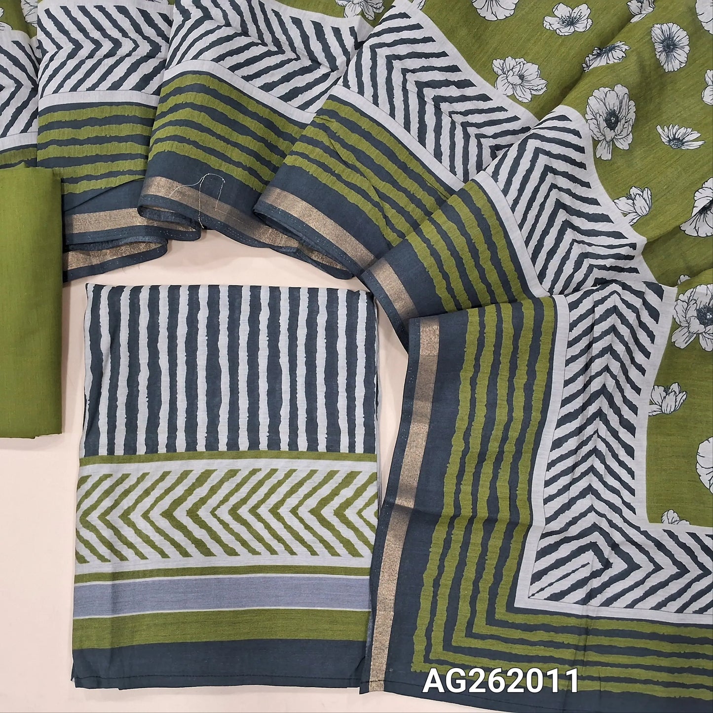 Black base soft silk cotton unstitched salwar material, vertical printed all over,(lining needed)green cotton bottom,digital printed silk cotton dupatta with tissue borders. AG262011