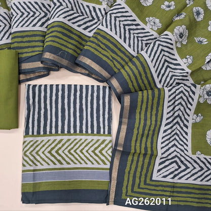 Black base soft silk cotton unstitched salwar material, vertical printed all over,(lining needed)green cotton bottom,digital printed silk cotton dupatta with tissue borders. AG262011