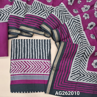 Black base soft silk cotton unstitched salwar material, vertical printed all over,(lining needed)bright pink cotton bottom,digital printed silk cotton dupatta with tissue borders. AG262012