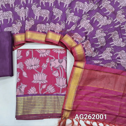 Bright pink premium silk unstitched salwar material, pichwai printed all over,(silky,lining needed)purple silky bottom, dual shaded pichwai printed premium silk dupatta with contrast pallu and tassles. AG262001