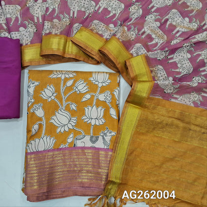 Mehandhi yellow premium silk unstitched salwar material, pichwai printed all over,(silky,lining needed)pink silky bottom, dual shaded pichwai printed premium silk dupatta with contrast pallu and tassles. AG262004
