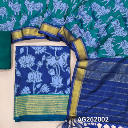 Royal blue premium silk unstitched salwar material, pichwai printed all over,(silky,lining needed)turquoise blue silky bottom, dual shaded pichwai printed premium silk dupatta with contrast pallu and tassles. AG262002