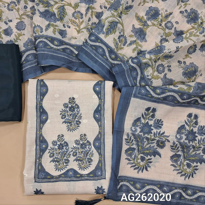 Off white base semi linen unstitched salwar material,floral printed  with zari & sequins on yoke,zari woven buttas and printed all over,(thin, lining needed)dark teal blue silky bottom,floral printed semi linen dupatta. AG262020