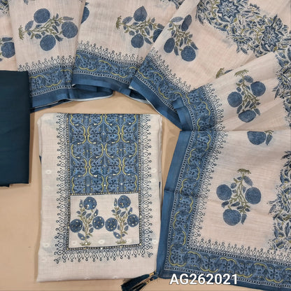 Off white base semi linen unstitched salwar material,floral printed  with zari & sequins on yoke,zari woven buttas and printed all over,(thin, lining needed)dark teal blue silky bottom,floral printed semi linen dupatta. AG262021