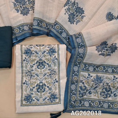 Off white base semi linen unstitched salwar material,floral printed  with zari & sequins on yoke,zari woven buttas and printed all over,(thin, lining needed)dark teal blue silky bottom,floral printed semi linen dupatta. AG262018