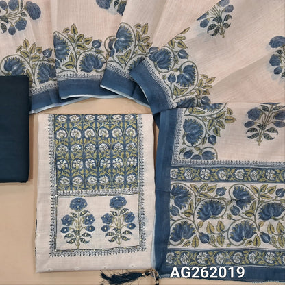Off white base semi linen unstitched salwar material,floral printed  with zari & sequins on yoke,zari woven buttas and printed all over,(thin, lining needed)dark teal blue silky bottom,floral printed semi linen dupatta. AG262019