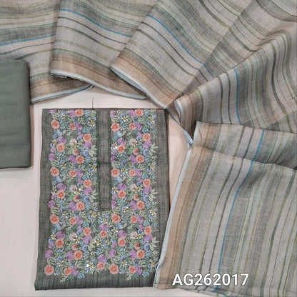 Light olive green with golden tint tissue linen unstitched salwar material, floral printed with cut bead & sugar bead on yoke,(lining needed) spun cotton bottom,vertical printed tissue linen dupatta with tissue borders. AG262017