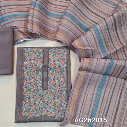 Mauve with golden tint tissue linen unstitched salwar material, floral printed with cut bead & sugar bead on yoke,(lining needed) spun cotton bottom,vertical printed tissue linen dupatta with tissue borders. AG262015
