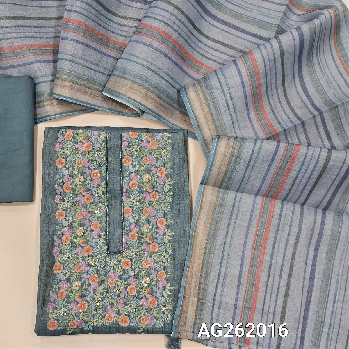 Blueish grey with golden tint tissue linen unstitched salwar material, floral printed with cut bead & sugar bead on yoke,(lining needed) spun cotton bottom,vertical printed tissue linen dupatta with tissue borders. AG262016