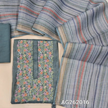 Blueish grey with golden tint tissue linen unstitched salwar material, floral printed with cut bead & sugar bead on yoke,(lining needed) spun cotton bottom,vertical printed tissue linen dupatta with tissue borders. AG262016