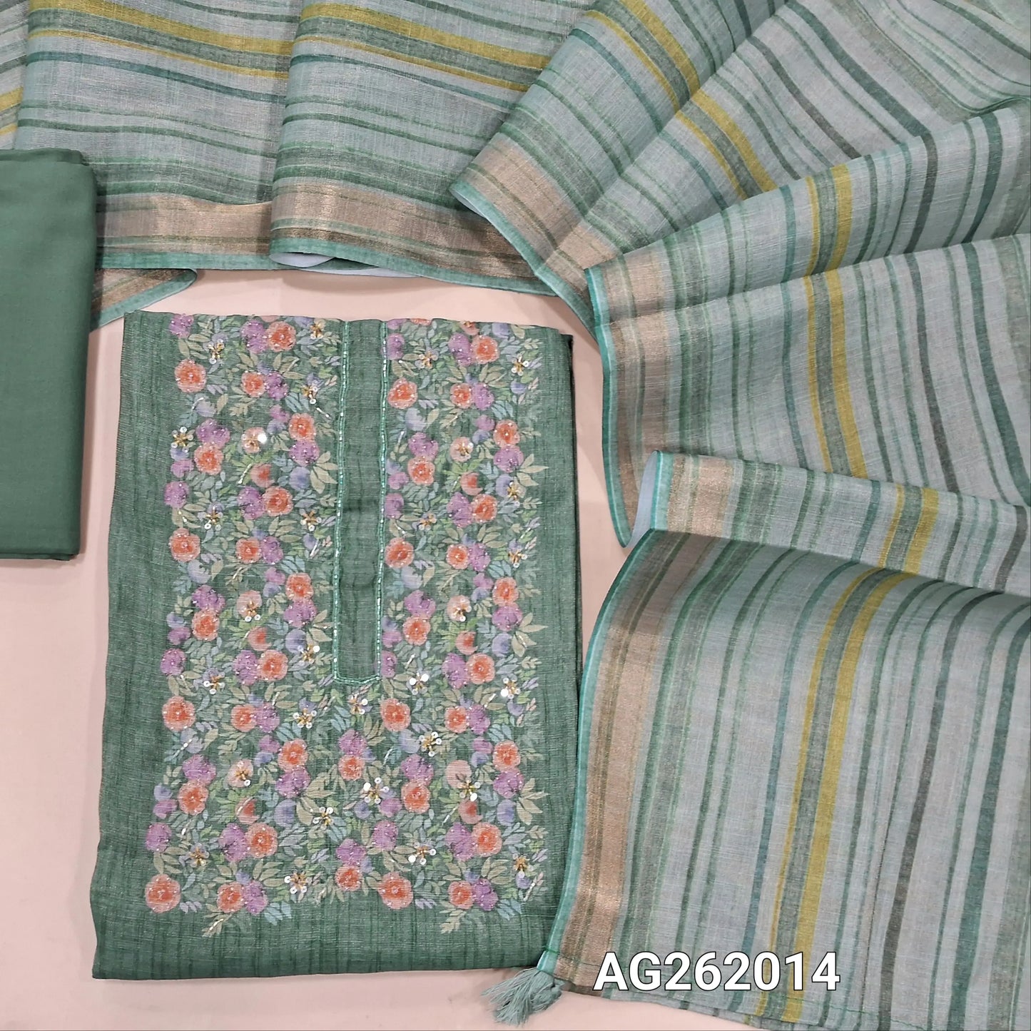 Sage green with golden tint tissue linen unstitched salwar material, floral printed with cut bead & sugar bead on yoke,(lining needed) spun cotton bottom,vertical printed tissue linen dupatta with tissue borders. AG262014