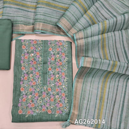 Sage green with golden tint tissue linen unstitched salwar material, floral printed with cut bead & sugar bead on yoke,(lining needed) spun cotton bottom,vertical printed tissue linen dupatta with tissue borders. AG262014