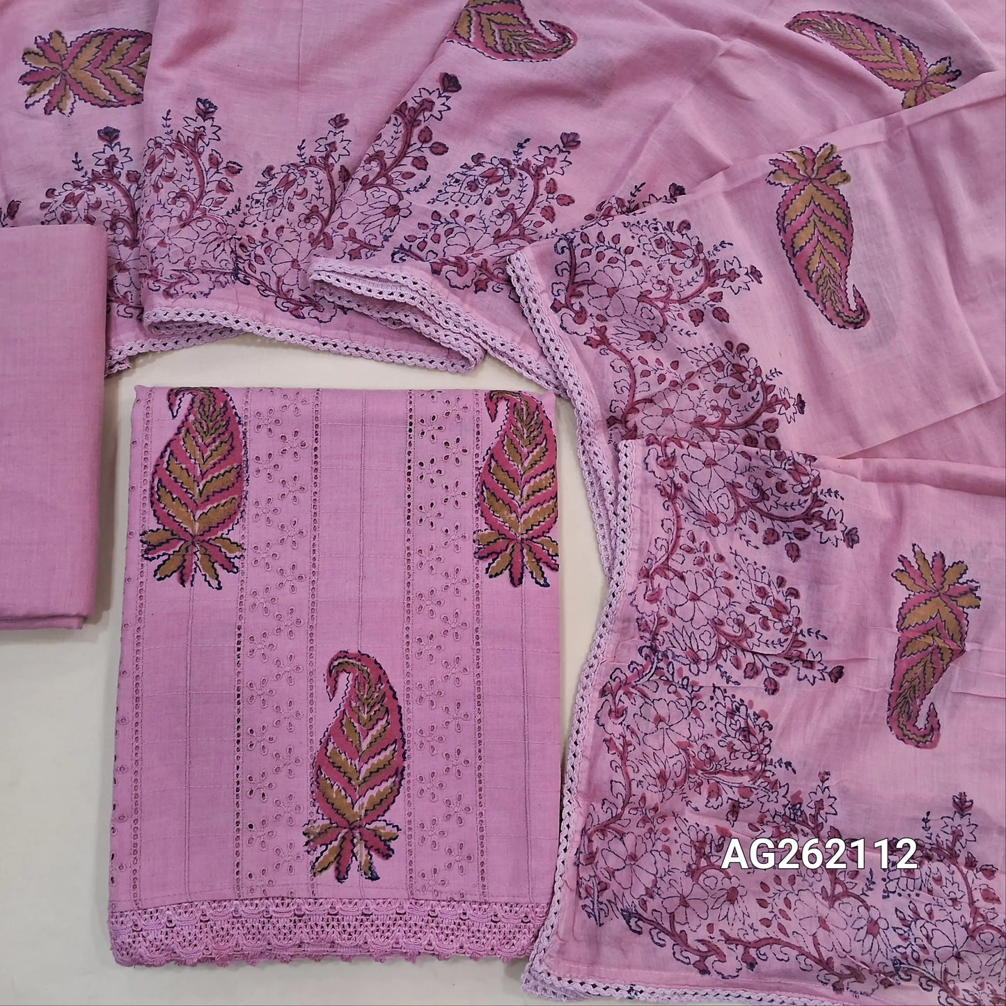 Pink schiffli embroidered glazed cotton unstitched salwar material,block printed all over,(soft ,lining needed) cotton bottom,block printed pure mul cotton dupatta with tapping. ag262112