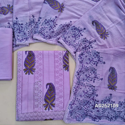 Lavender schiffli embroidered glazed cotton unstitched salwar material,block printed all over,(soft ,lining needed) cotton bottom,block printed pure mul cotton dupatta with tapping. ag262109