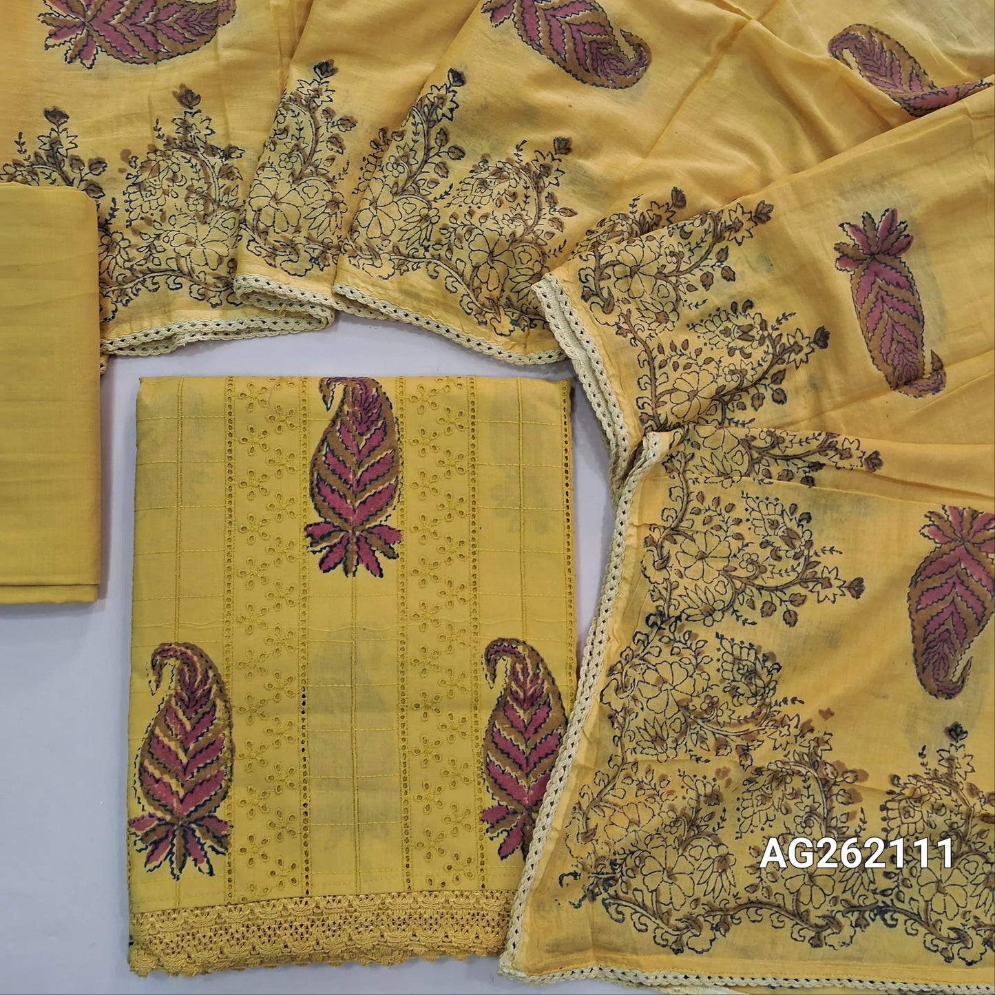 Mehandhi yellow schiffli embroidered glazed cotton unstitched salwar material,block printed all over,(soft ,lining needed) cotton bottom,block printed pure mul cotton dupatta with tapping. ag262111