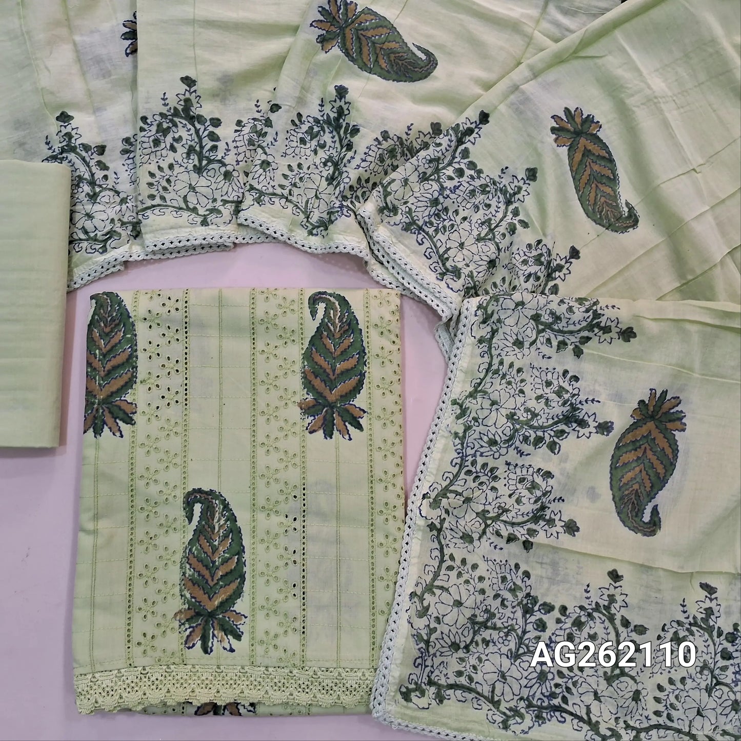 Pastel green schiffli embroidered glazed cotton unstitched salwar material,block printed all over,(soft ,lining needed) cotton bottom,block printed pure mul cotton dupatta with tapping. ag262110