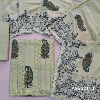 Pastel green schiffli embroidered glazed cotton unstitched salwar material,block printed all over,(soft ,lining needed) cotton bottom,block printed pure mul cotton dupatta with tapping. ag262110