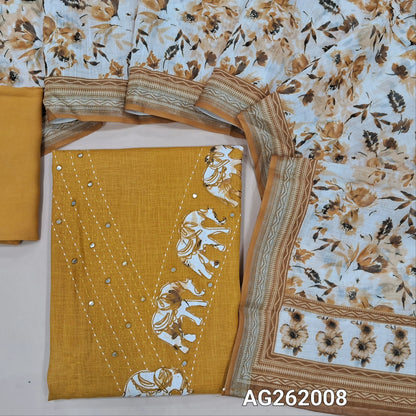 Mehandhi yellow semi linen unstitched salwar material,v neck with applique work, kantha stitch & foil work( lining optional)santoon bottom,floral printed semi linen dupatta with silver tissue borders. AG262008