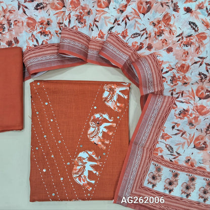 Rust orange semi linen unstitched salwar material,v neck with applique work, kantha stitch & foil work( lining optional)santoon bottom,floral printed semi linen dupatta with silver tissue borders. AG262006