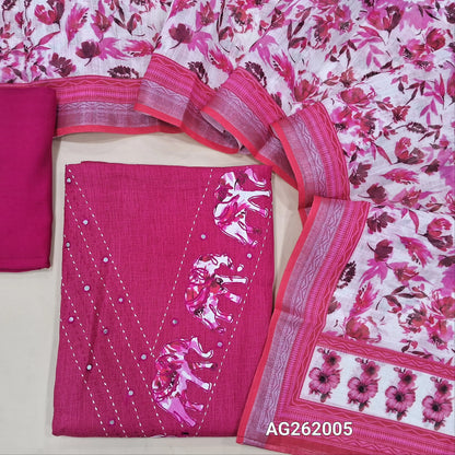 Bright pink semi linen unstitched salwar material,v neck with applique work, kantha stitch & foil work( lining optional)santoon bottom,floral printed semi linen dupatta with silver tissue borders. AG262005