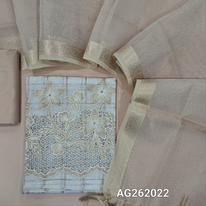 Off white silk cotton unstitched salwar material,zari checks and embroidery on front,applique work and cutwork on daman,(Lining Needed)silk cotton bottom,zari checks on silk cotton dupatta with borders. AG262022