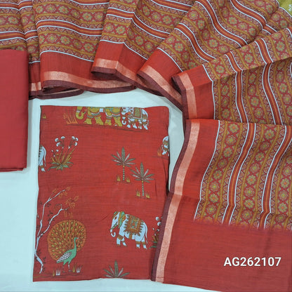 Rust orange soft silk cotton unstitched salwar material, digital printed all over(lining needed) cotton bottom,printed full length soft silk cotton dupatta with tissue borders. AG262107