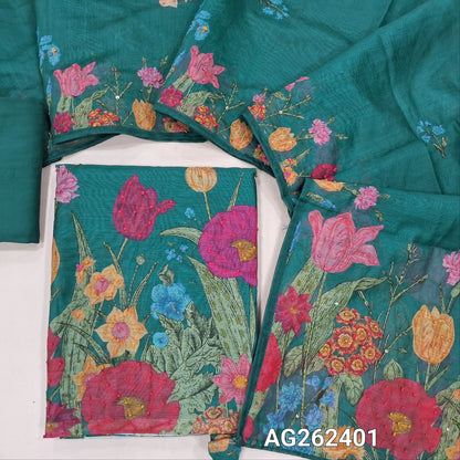 Dark Teal Green premium digital printed silk cotton unstitched salwar material with rich hand embroidery on yoke and daman (Thin, Lining Needed) Matching santoon bottom, digital printed silk cotton dupatta with hand embroidery work. AG262401