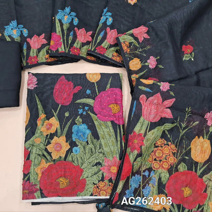 Black premium digital printed silk cotton unstitched salwar material with rich hand embroidery on yoke and daman (Thin, Lining Needed) Matching santoon bottom, digital printed silk cotton dupatta with hand embroidery work. AG262403