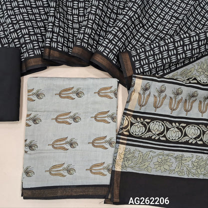 Light beige soft silk cotton unstitched salwar material, digital printed, contrast daman border with gold tissue (Lining Needed) black cotton bottom, soft silk cotton digital printed dupatta with borders. AG262206
