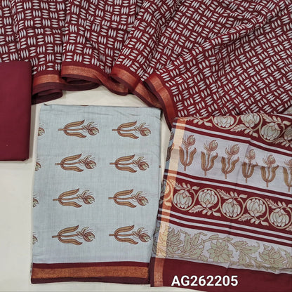 Light beige soft silk cotton unstitched salwar material, digital printed, contrast daman border with gold tissue (Lining Needed) Reddish maroon cotton bottom, soft silk cotton digital printed dupatta with borders. AG262205