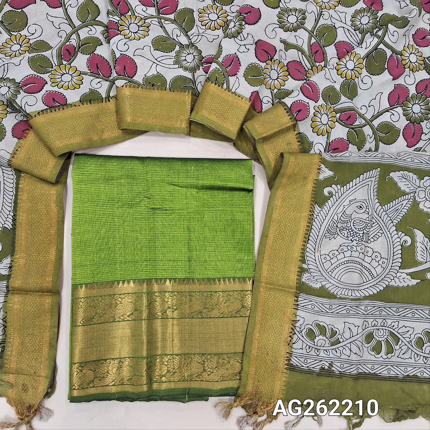 Leafy Green pure mangalgiri silk unstitched salwar material, rich gold zari woven borders (Lining Needed) NO BOTTOM, pen kalamkari chennuri silk dupatta with nizam borders. INCONSITENCY IN DYES AND STAINS ARE NOT DEFECTS.. AG262210