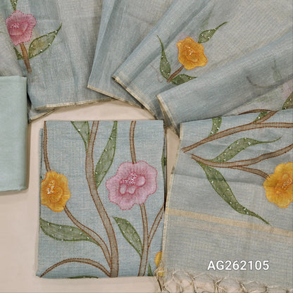 Designer silver grey golden tint tissue kota unstitched salwar material, floral design with hand brush paint, kantha stitch and sequins on front,(lining needed)santoon bottom,floral printed and brush paint on tissue kota dupatta. AG262105