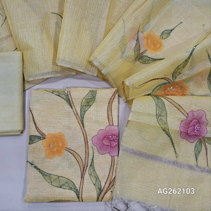 Designer pastel yellow golden tint tissue kota unstitched salwar material, floral design with hand brush paint, kantha stitch and sequins on front,(lining needed)santoon bottom,floral printed and brush paint on tissue kota dupatta. AG262103