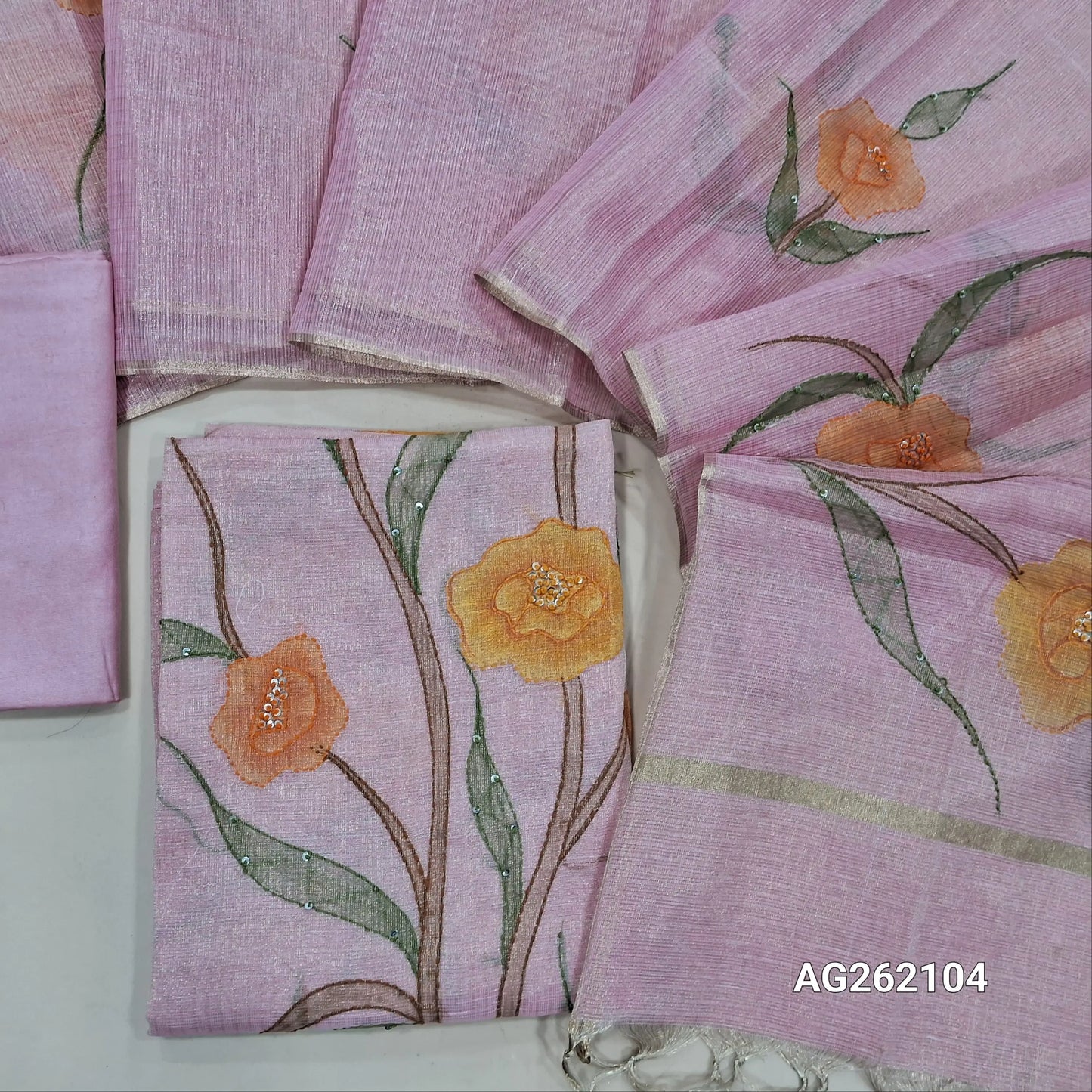 Designer pastel pink golden tint tissue kota unstitched salwar material, floral design with hand brush paint, kantha stitch and sequins on front,(lining needed)santoon bottom,floral printed and brush paint on tissue kota dupatta. AG262104
