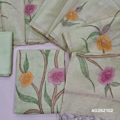 Designer pastel green golden tint tissue kota unstitched salwar material, floral design with hand brush paint, kantha stitch and sequins on front,(lining needed)santoon bottom,floral printed and brush paint on tissue kota dupatta. AG262102