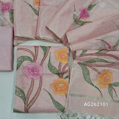Designer peachish pink golden tint tissue kota unstitched salwar material, floral design with hand brush paint, kantha stitch and sequins on front,(lining needed)santoon bottom,floral printed and brush paint on tissue kota dupatta. AG262101