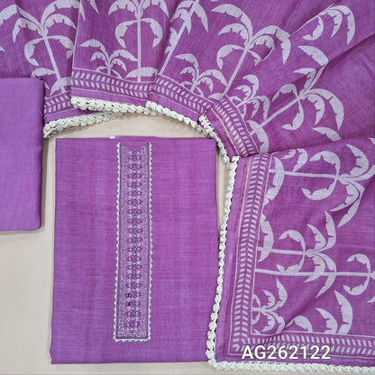 Purple semi linen unstitched salwar material(texture, lining needed) real mirror, zari work on yoke, tree print on front, matching silky bottom, one side of tree print semi linen dupatta with lace tapings. AG262122