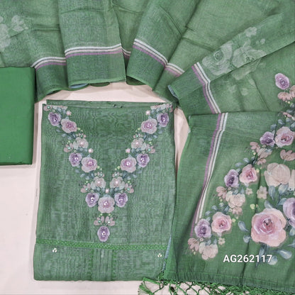Designer sage green mul chanderi unstitched salwar material,digital printed and faux mirror yoke, pintex and thread work on middle,( soft,lining needed)silk cotton bottom,digital printed mul chanderi dupatta with fancy tassles. AG262117