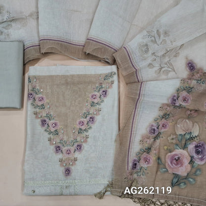 Designer off white mul chanderi unstitched salwar material,digital printed and faux mirror yoke, pintex and thread work on middle,( soft,lining needed)silk cotton bottom,digital printed mul chanderi dupatta with fancy tassles. AG262119