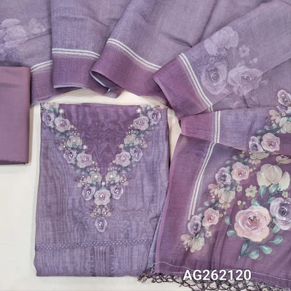 Designer onion pink mul chanderi unstitched salwar material,digital printed and faux mirror yoke, pintex and thread work on middle,( soft,lining needed)silk cotton bottom,digital printed mul chanderi dupatta with fancy tassles. AG262120