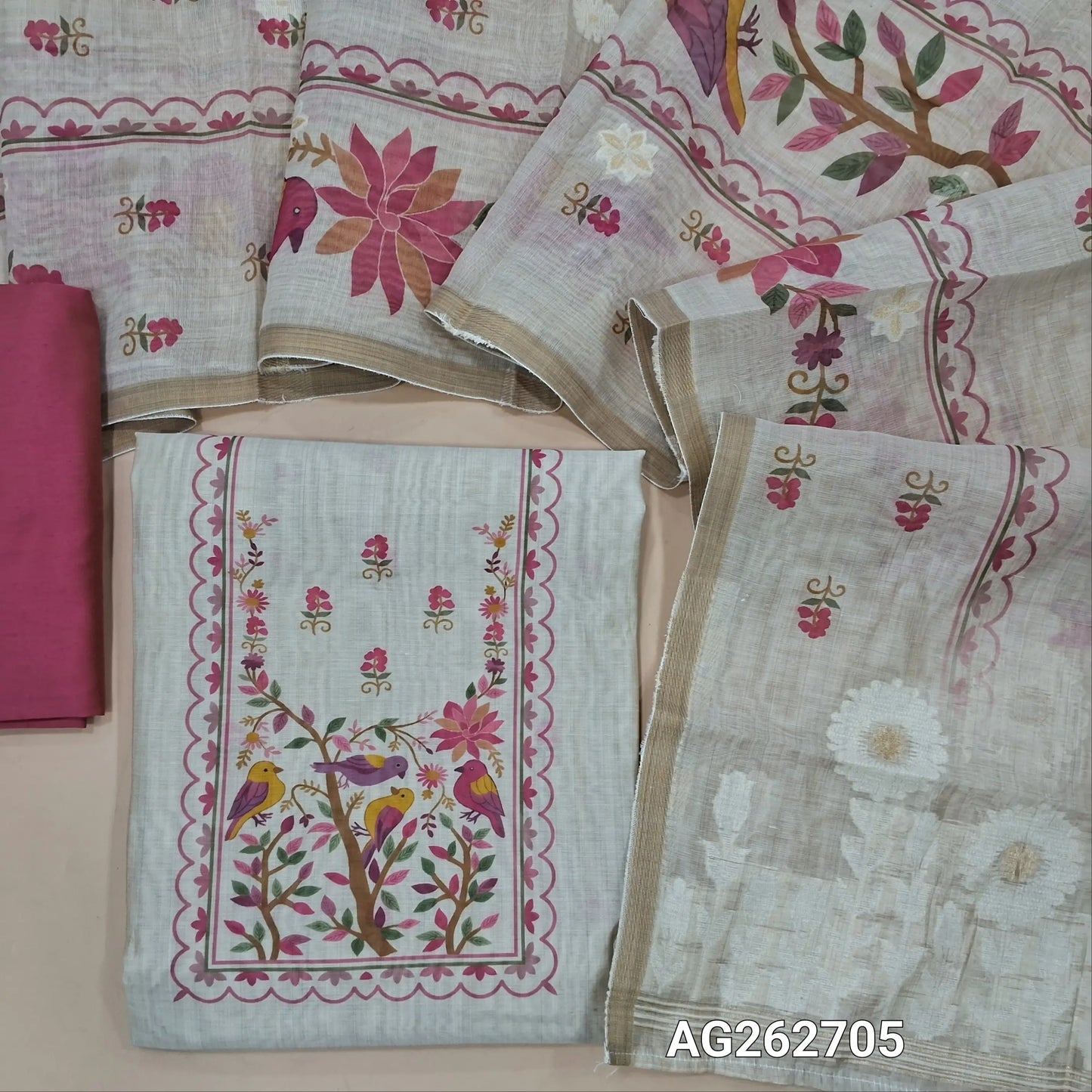 Beige digital printed soft silk cotton unstitched salwar material (Lining Needed, Lightweight) contrast silk cotton bottom, digital printed silk cotton dupatta with rich jamdani weaving. TAPINGS NEEDED. AG262705