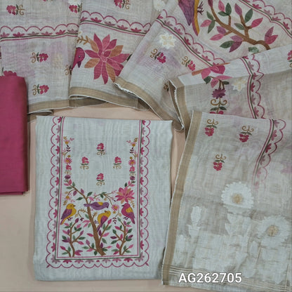 Beige digital printed soft silk cotton unstitched salwar material (Lining Needed, Lightweight) contrast silk cotton bottom, digital printed silk cotton dupatta with rich jamdani weaving. TAPINGS NEEDED. AG262705