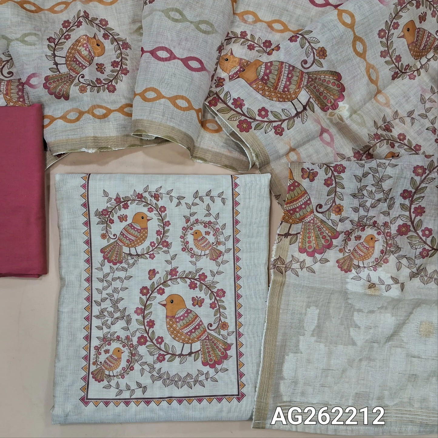 Light beige digital printed silk cotton unstitched salwar material (Lightweight,Lining Needed),contrast pink silk cotton bottom, silk cotton dupatta with digital prints and jamdani weaving all over and on pallu. AG262212