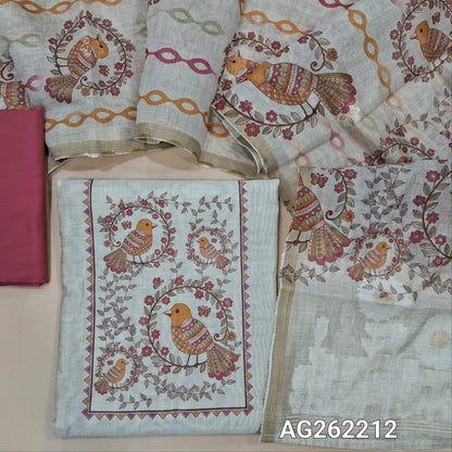 Light beige digital printed silk cotton unstitched salwar material (Lightweight,Lining Needed),contrast pink silk cotton bottom, silk cotton dupatta with digital prints and jamdani weaving all over and on pallu. AG262212