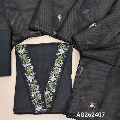 Designer black premium kota unstitched salwar material, V neckline with hand embroidery and sequins work (Thin, Lining Needed) matching cotton bottom, premium kota dupatta with hand embroidery. AG262407