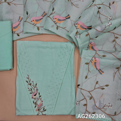 Designer pastel blue premium kota unstitched salwar material, V neck with bead and sequins detailing (Thin, Lining needed) matching cotton bottom, premium kota dupatta with rich thread embroidery all over and lace tapings. AG262306
