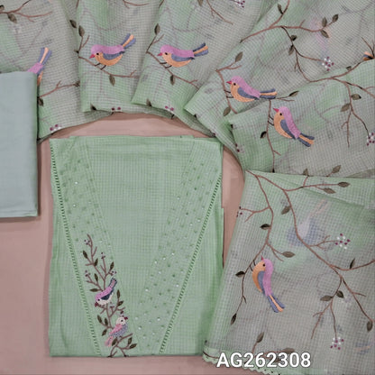 Designer pastel green premium kota unstitched salwar material, V neck with bead and sequins detailing (Thin, Lining needed) matching cotton bottom, premium kota dupatta with rich thread embroidery all over and lace tapings. AG262308