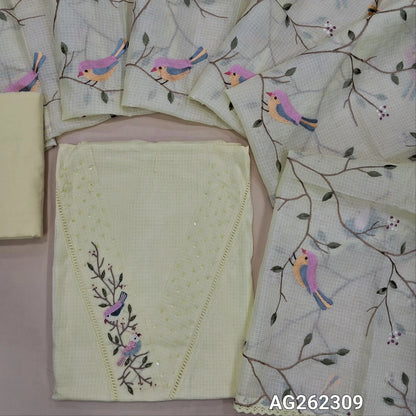 Designer pastel yellow premium kota unstitched salwar material, V neck with bead and sequins detailing (Thin, Lining needed) matching cotton bottom, premium kota dupatta with rich thread embroidery all over and lace tapings. AG262309
